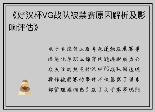 《好汉杯VG战队被禁赛原因解析及影响评估》